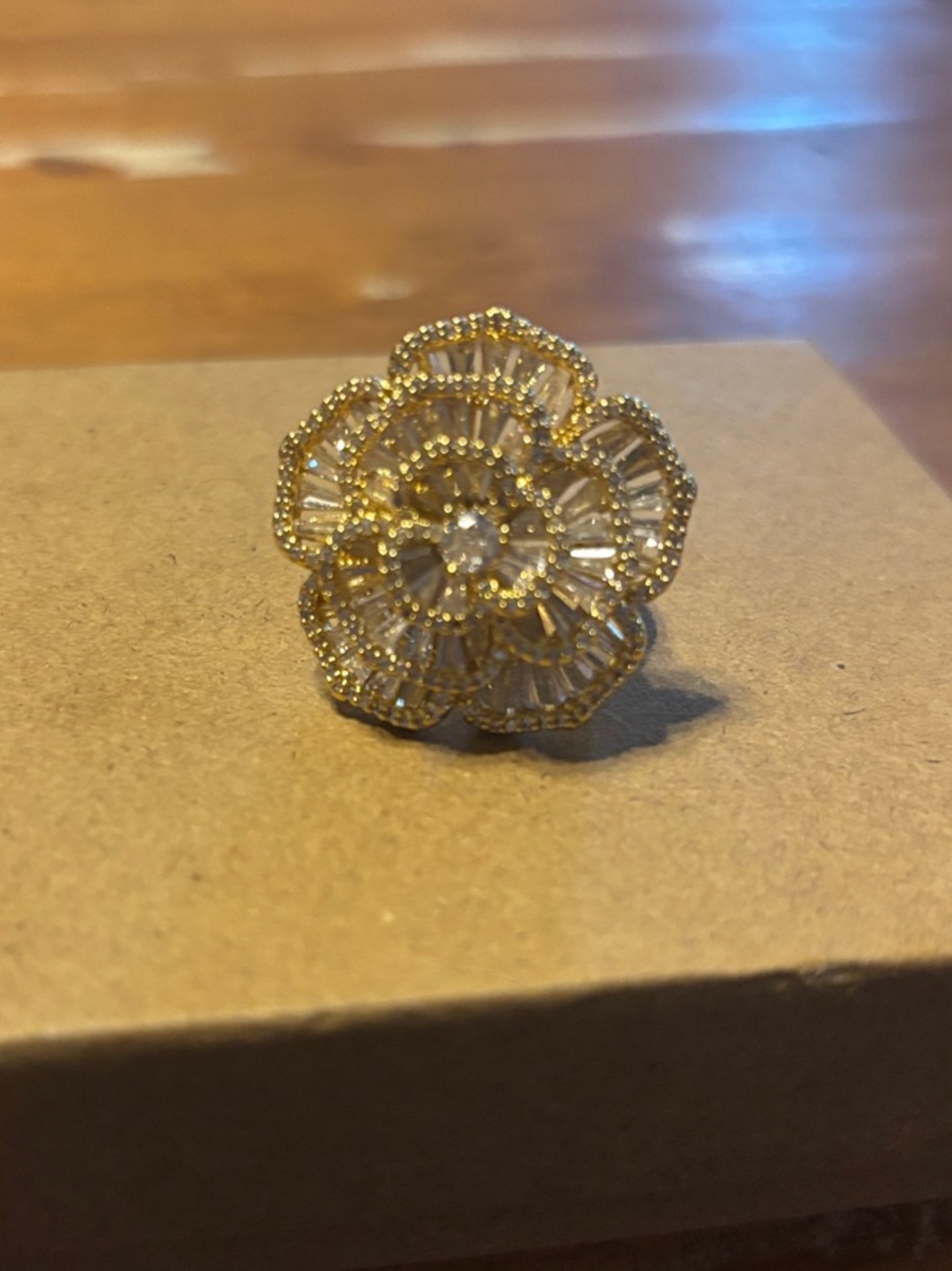 Gold Tone Floral Sparkling Statement Ring Adjustable